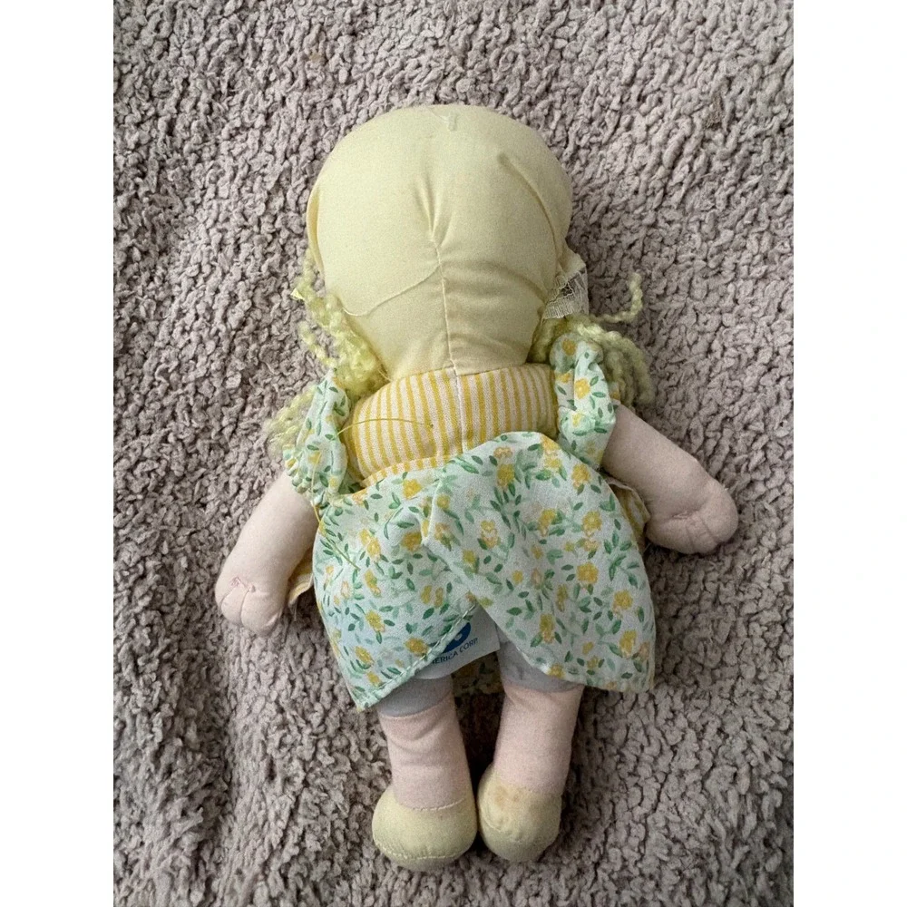 Kids of America Corp Rag Doll Yellow Yarn Hair Floral Dress Lace Bonnet 8.5 inch